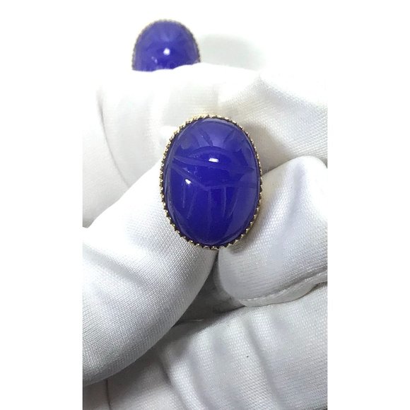 Vintage Egyptian Style Burt Cassell Gold Filled Blue Scarab Screw Back Earrings - Picture 7 of 7